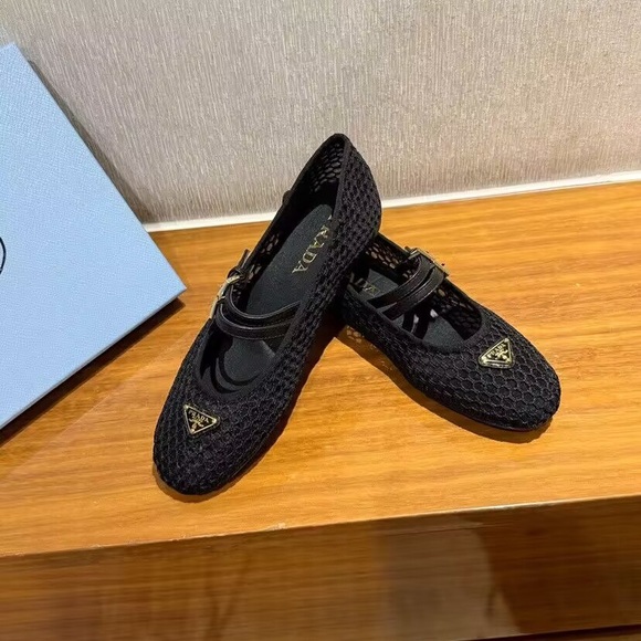 Women's Prada Black Mesh Knit Triangle Logo Mary Jane Flats - Picture 3 of 4